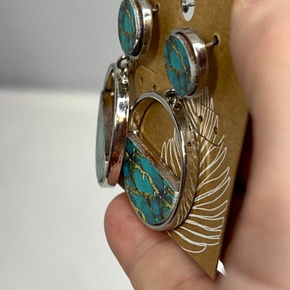 Silver tone with printed turquoise pattern embellishment dangling earrings - Picture 4 of 5